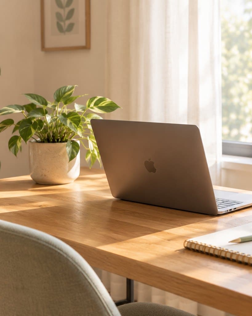 Escritorio luminoso con ordenador, planta y libreta, listo para una sesión online